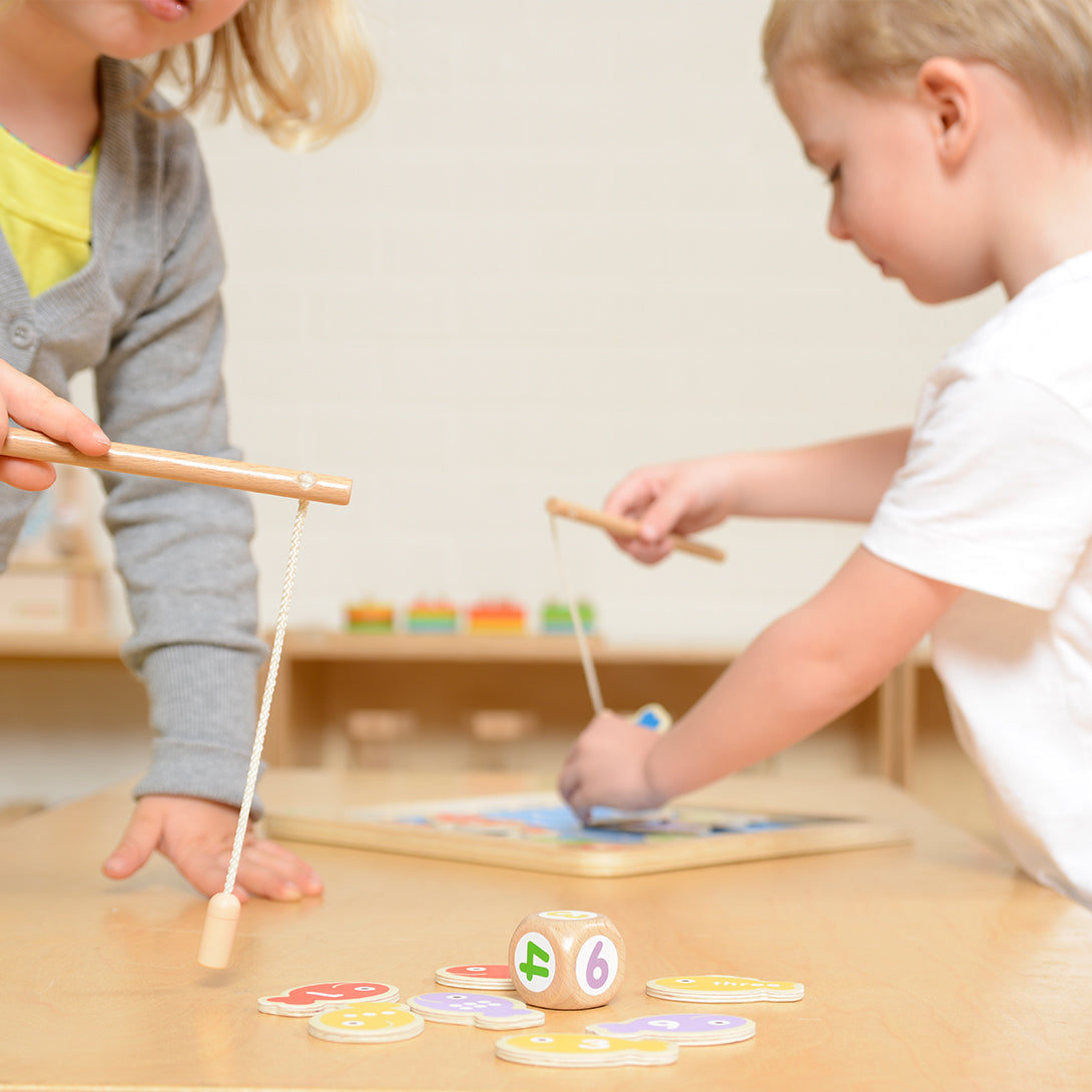 Classroom wooden fishing board for motor and math development