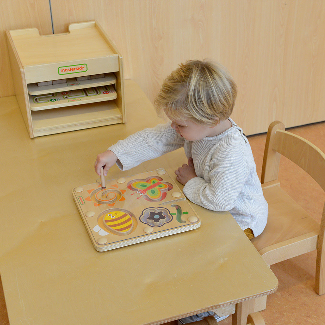 Sturdy wooden construction suitable for classroom motor skills training.