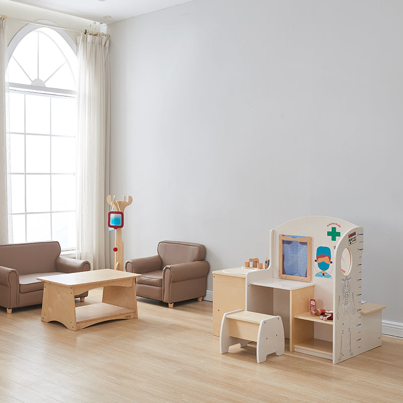 Masterkidz Dramatic Play – Clinic set in preschool classroom, promoting healthcare role play with durable wooden pieces