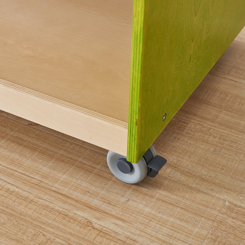 Side view showing shelves for easy storage of farm toys and tools.