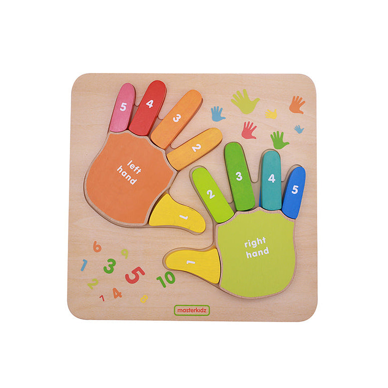 Child using the Masterkidz counting board to match fingers and practice counting skills.