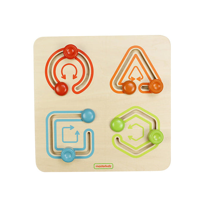 Masterkidz Geometric Sliding Game with 4 colorful wooden shapes on tracks.