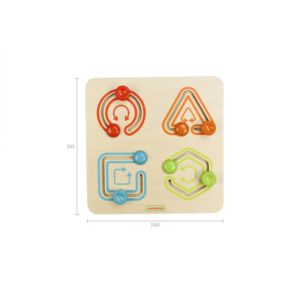 Top view of geometric sliding board showing all 4 shapes and track layout.