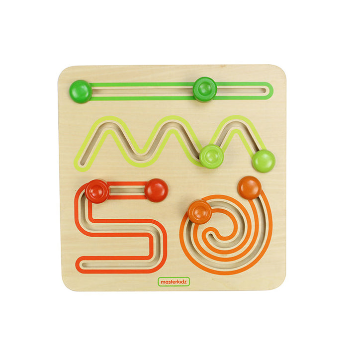 Masterkidz Sliding Game with wooden pieces demonstrating straight, see-saw, circular, and turning motions.