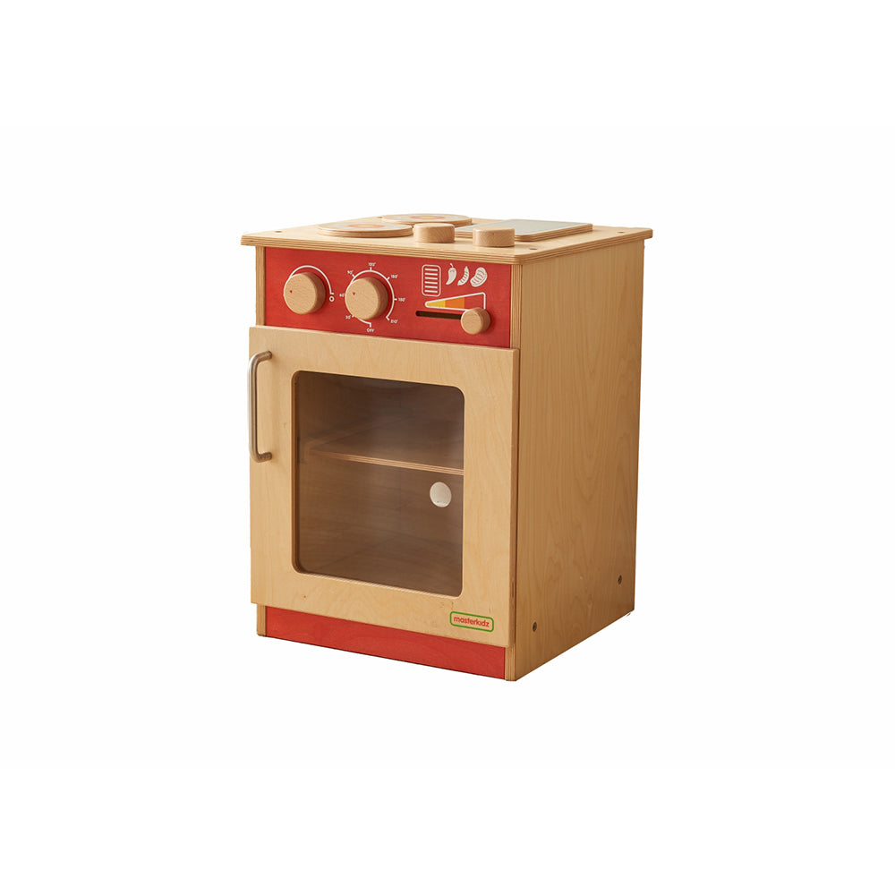Montessori-style pastel wooden cooker for preschool role-play activities.