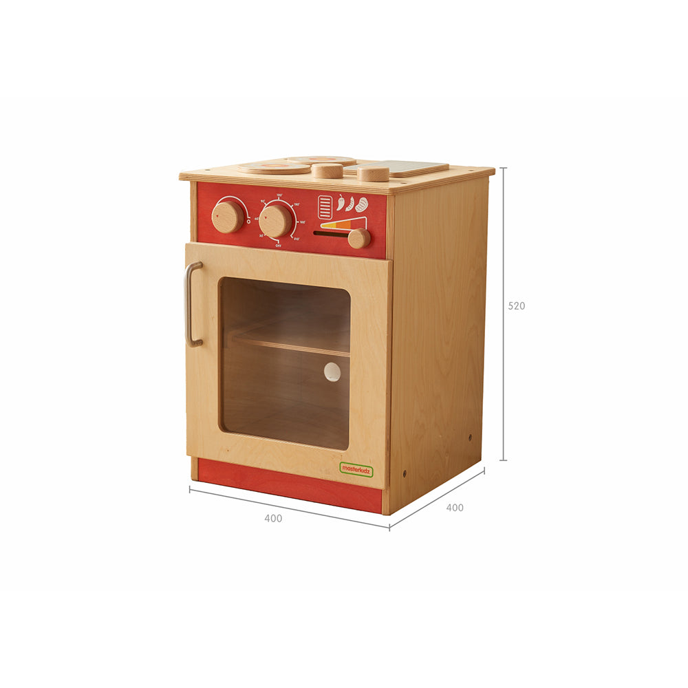 Durable wooden cooker unit for nurseries and early learning classrooms.