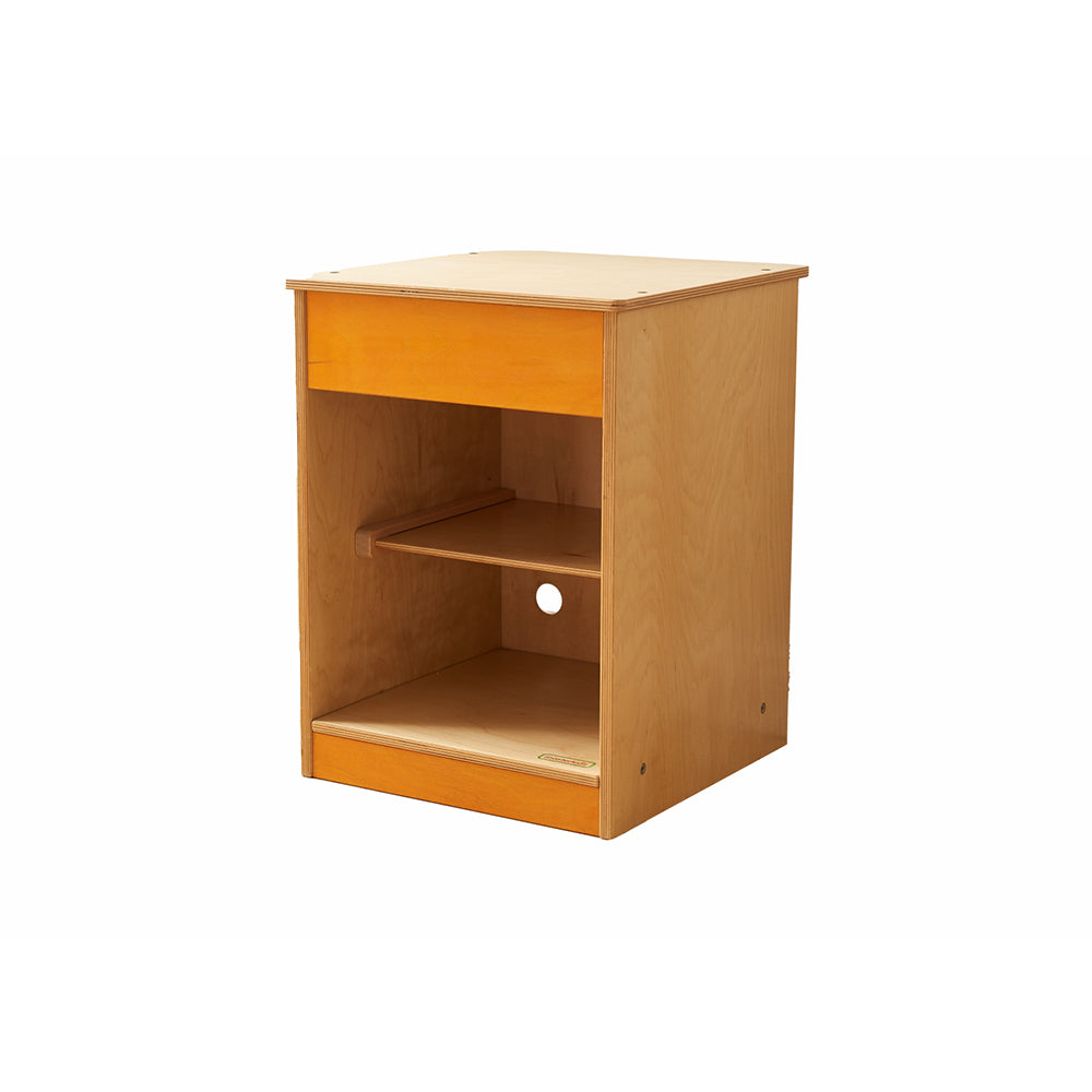 Preschool storage solution for role-play kitchen activities.