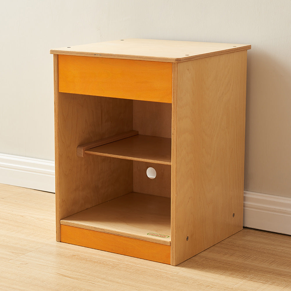 Masterkidz pastel cupboard unit with two shelves and orange trim.