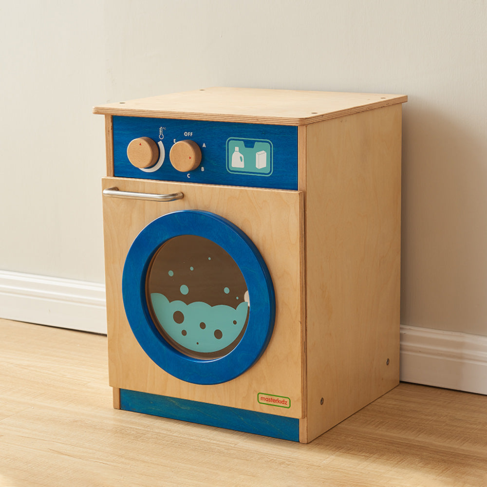Masterkidz pastel wooden washer unit with blue trim.