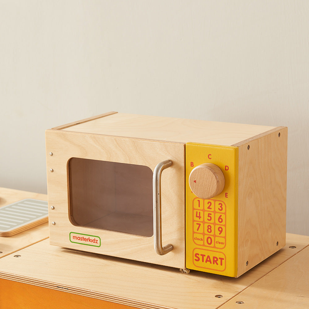 Masterkidz pastel wooden microwave unit with yellow trim.