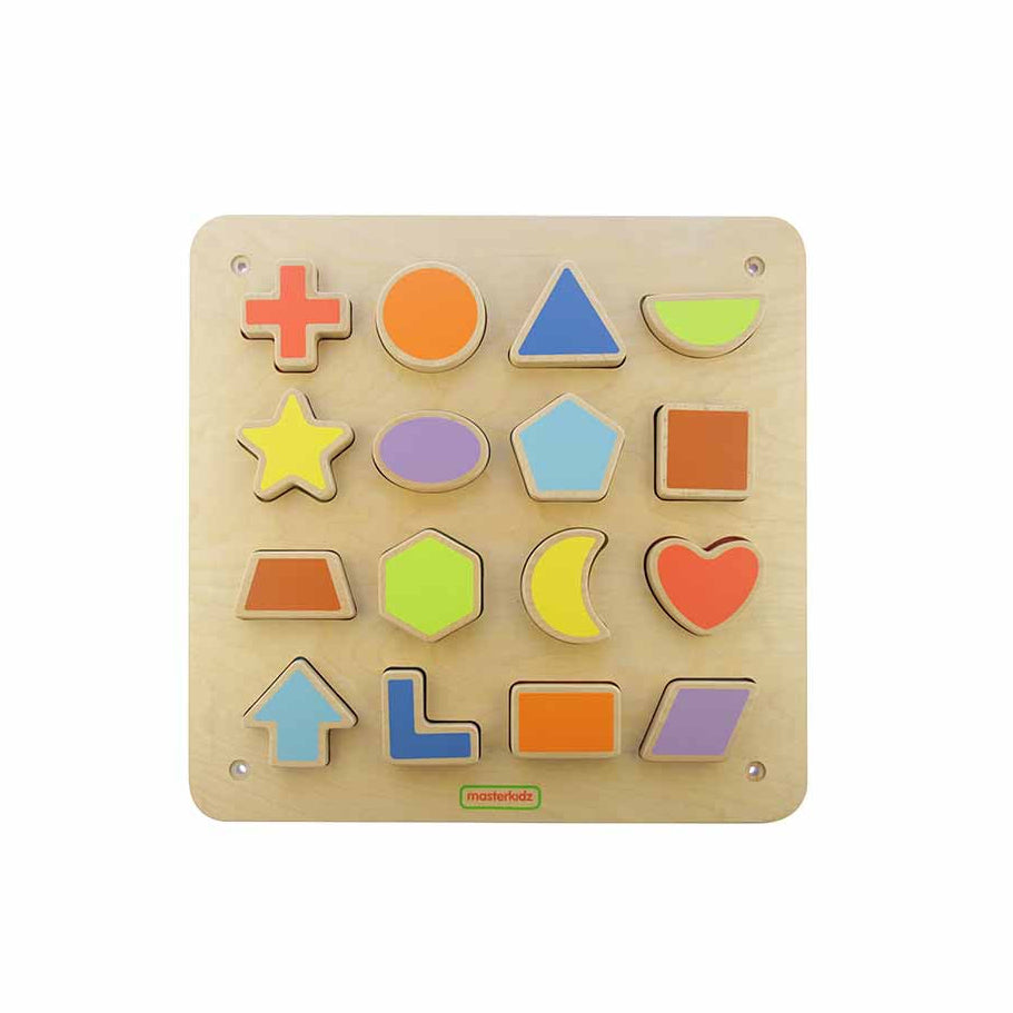 Masterkidz magnetic shape matching panel with 16 colourful shapes.