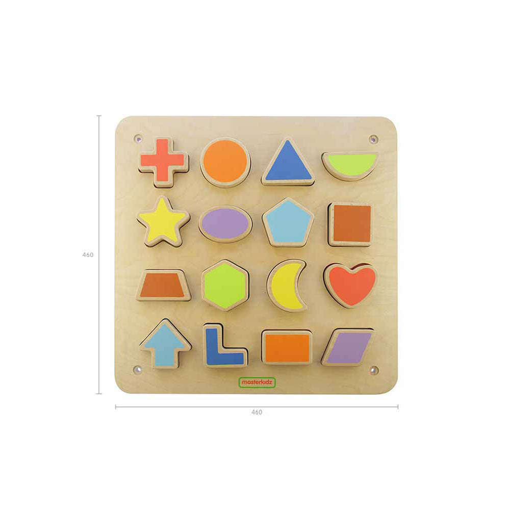 Toddler practicing colour and shape recognition with magnetic board.