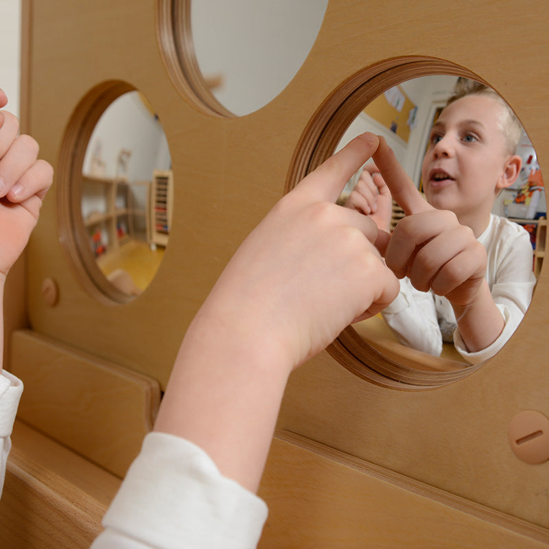 Toddlers exploring self-recognition and observation with wooden mirror board