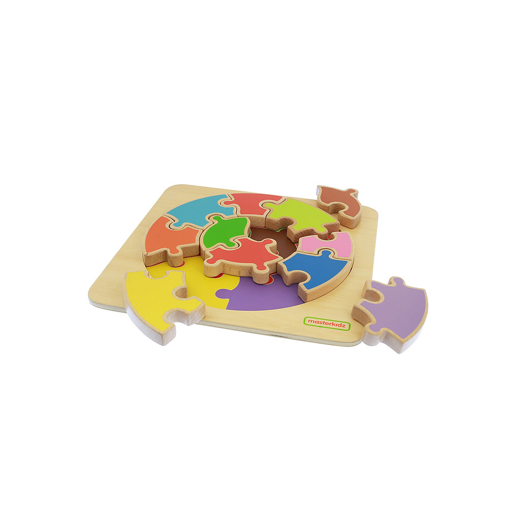 Close-up of colourful wooden puzzle pieces for preschoolers.