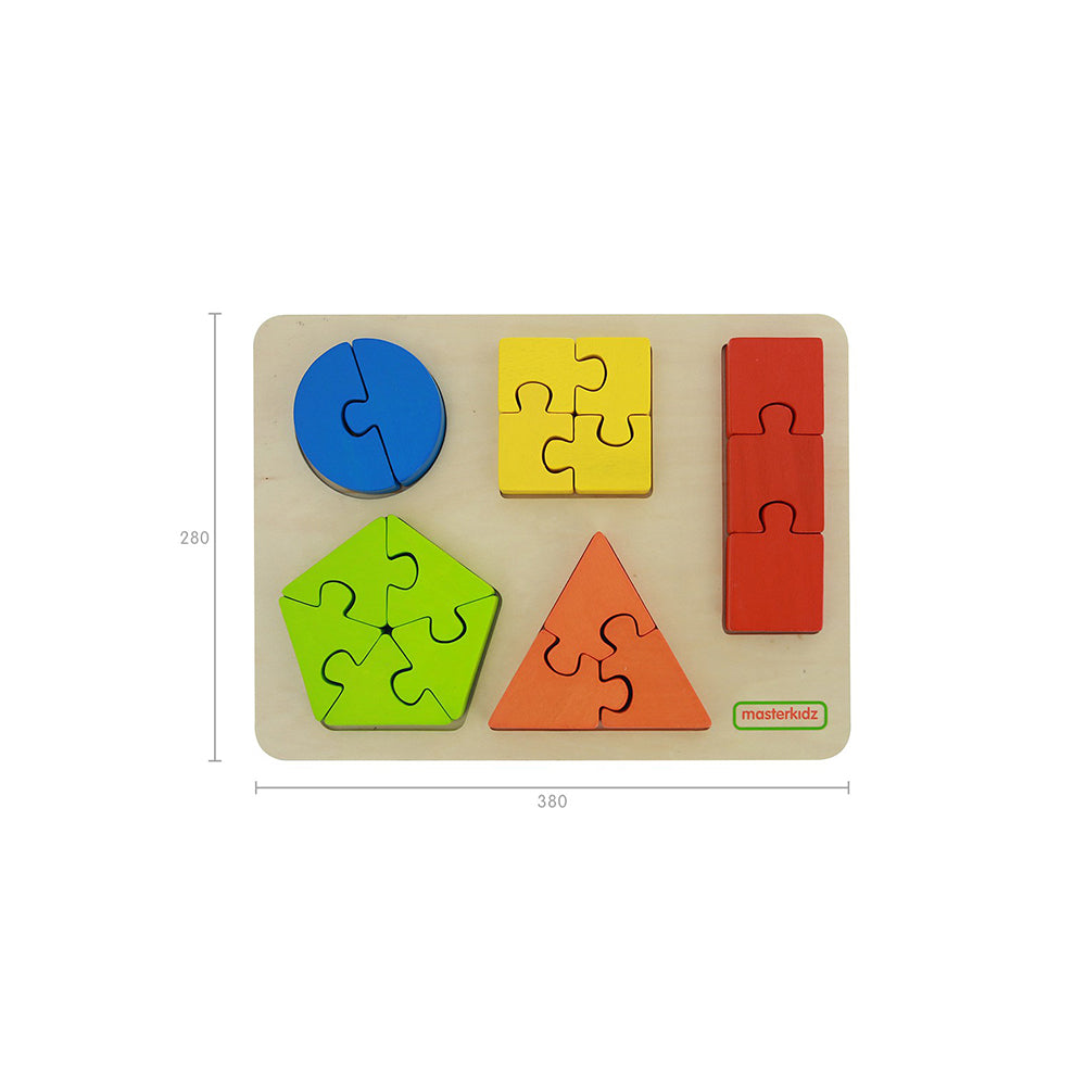 Teacher-led shape learning activity using wooden puzzles.