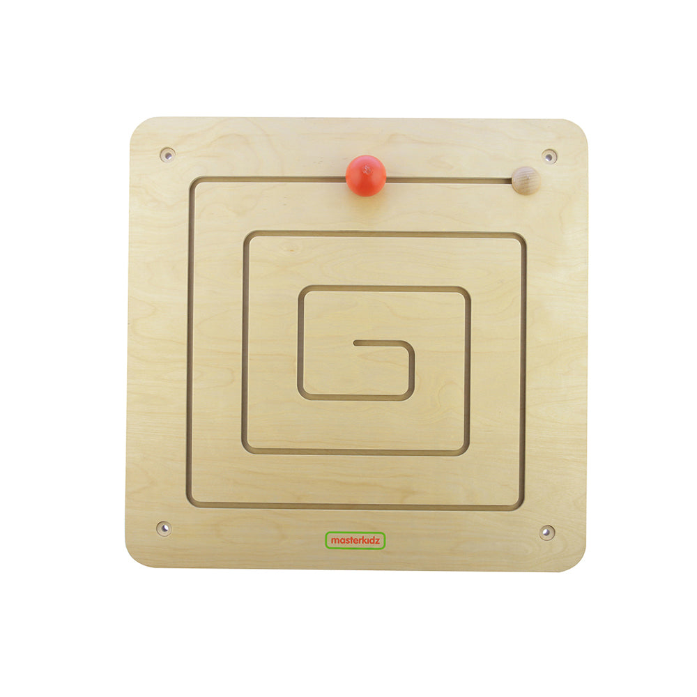 Masterkidz wooden square sliding maze wall panel for fine motor skill development.