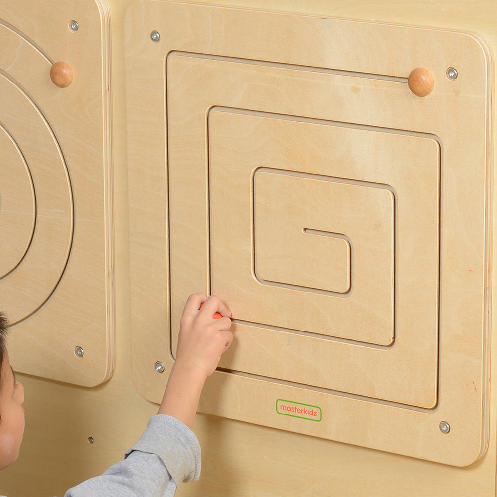 Close-up of FSC-certified Russian Birch and Beech wood maze board.