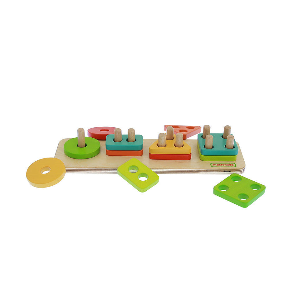 Masterkidz stacking game board with geometric shapes in classroom