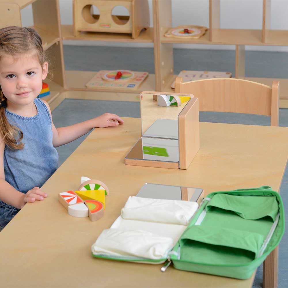 Children exploring reflections with 4-piece mirror panels