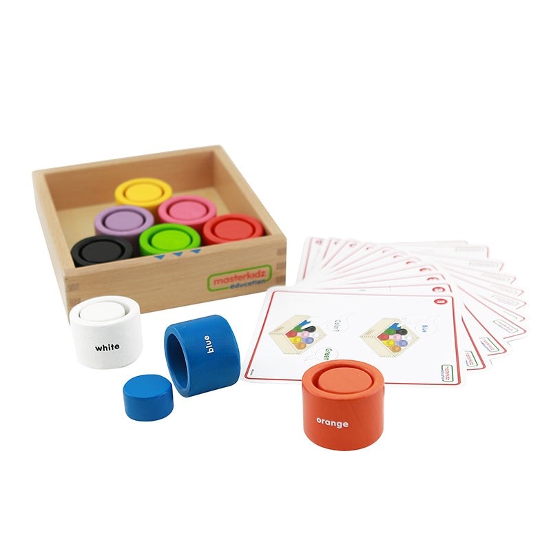 Children matching coloured wooden blocks to cups