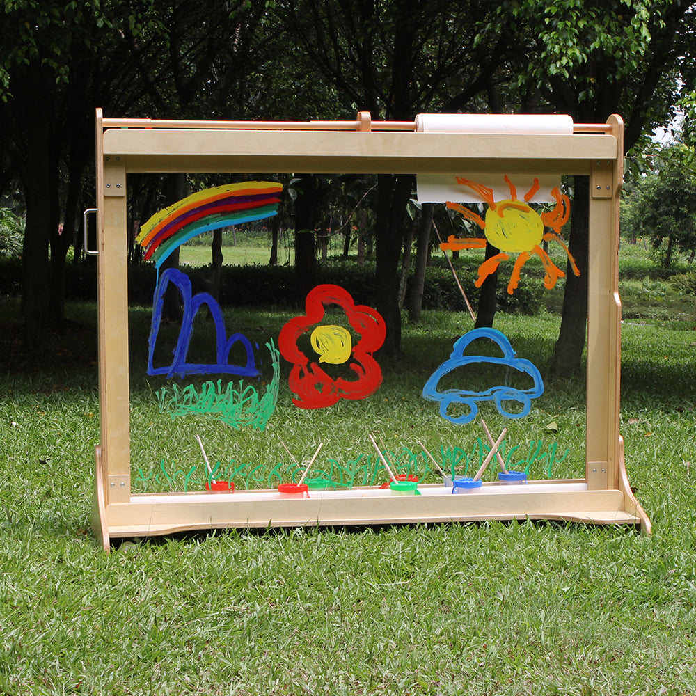 Integrated paint trays and water cleaning holes for classrooms