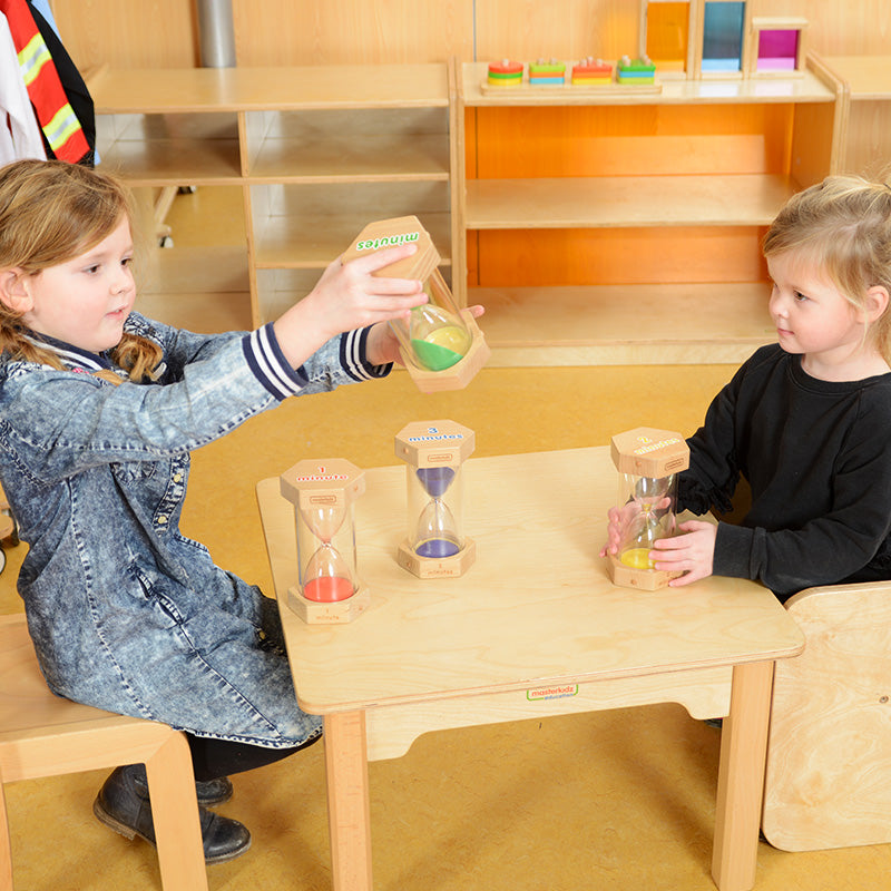Four-piece sand timer set with 1, 2, 3 and 5 minute timers