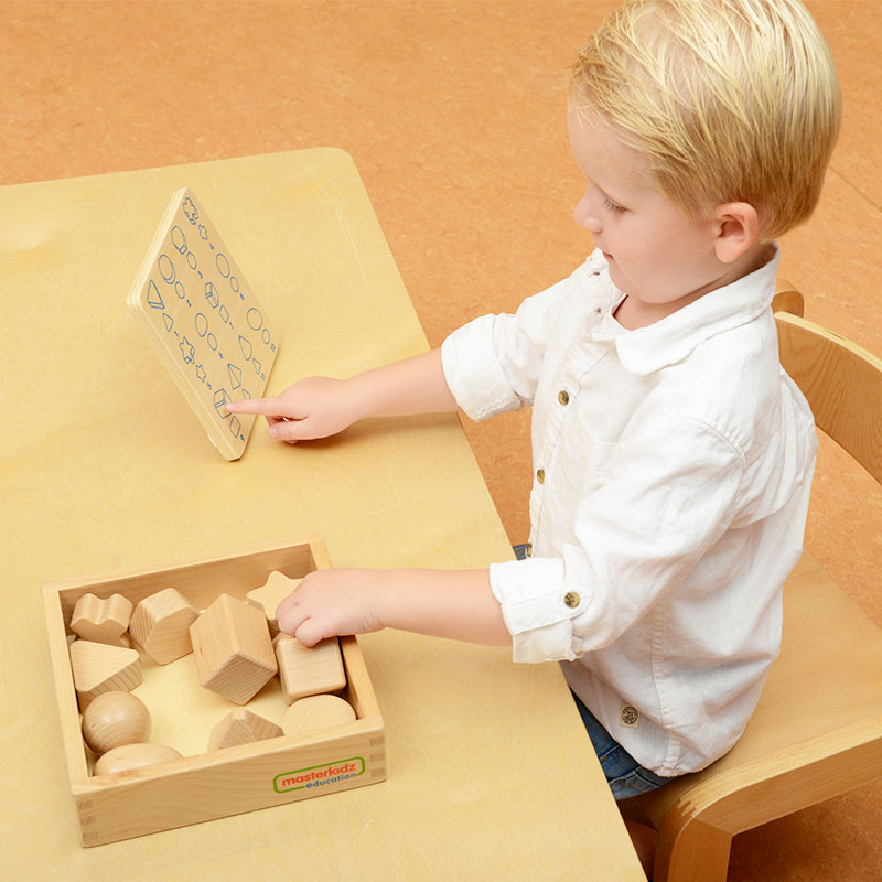 12 solid wooden shapes with tray