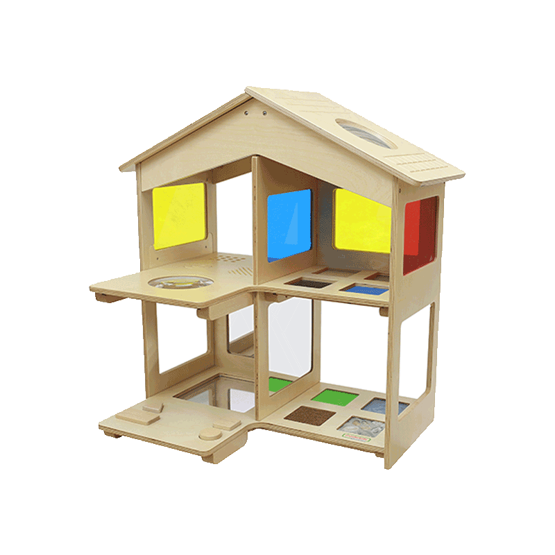 Multi-sensory play house with magnifier and reflective elements for STEM and early childhood development.