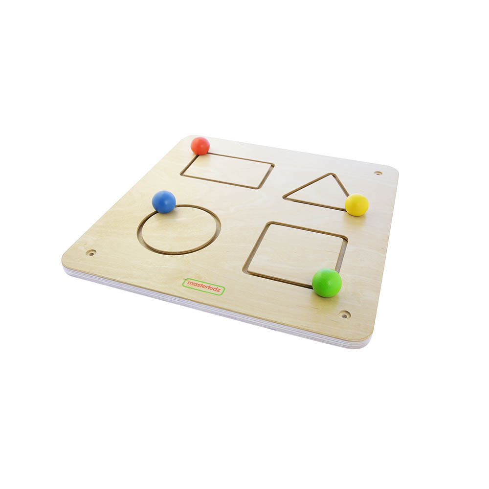 Children learning shapes with sliding geometric wall board