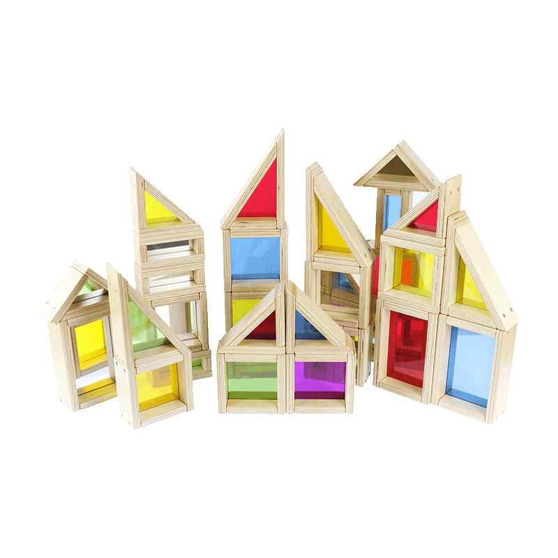 Colorful geometric blocks with mirrors and acrylic centers, ideal for building, stacking, sorting, and small world play