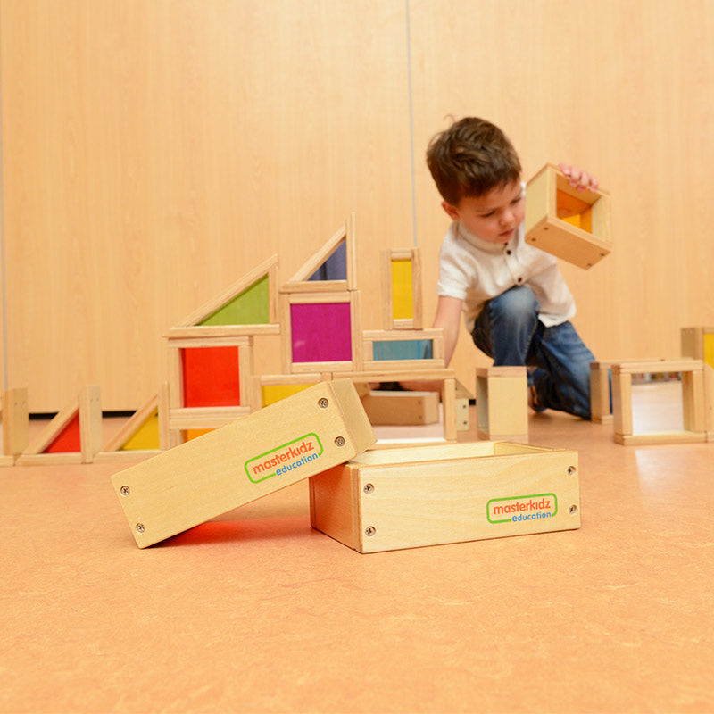 Colorful geometric mirror blocks for building, stacking, and learning.