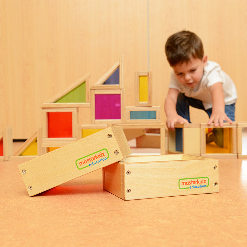 Durable plywood rainbow and mirror blocks in a wooden tray.