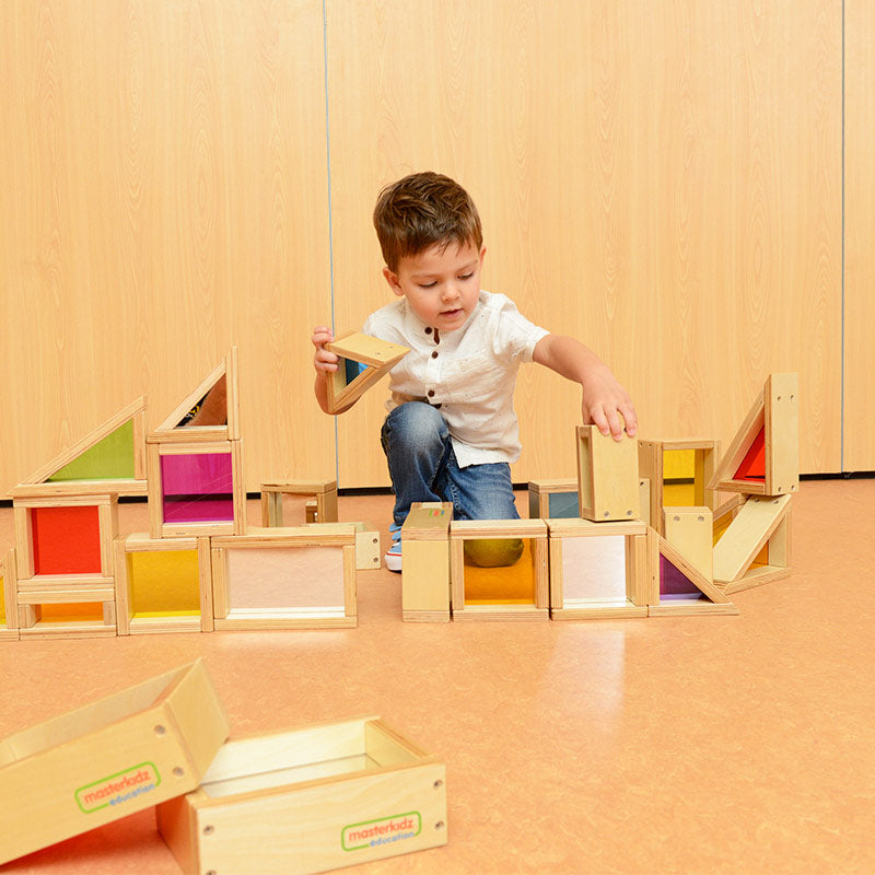29-piece rainbow and mirror block set for kids, perfect for creative play, STEM learning, and exploring colors and shapes.