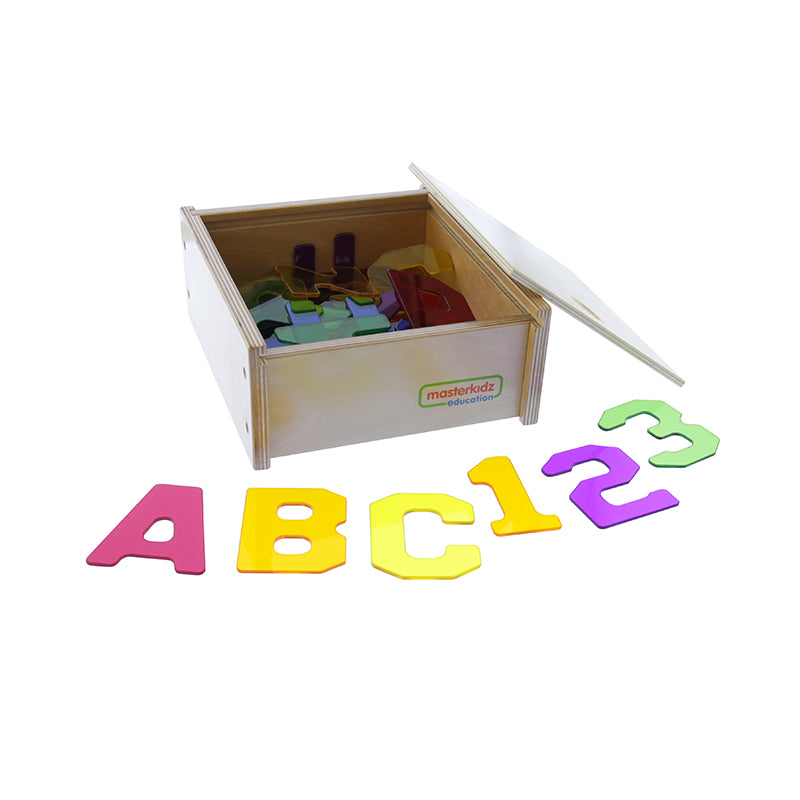 Masterkidz translucent numbers and alphabet set with wooden storage box