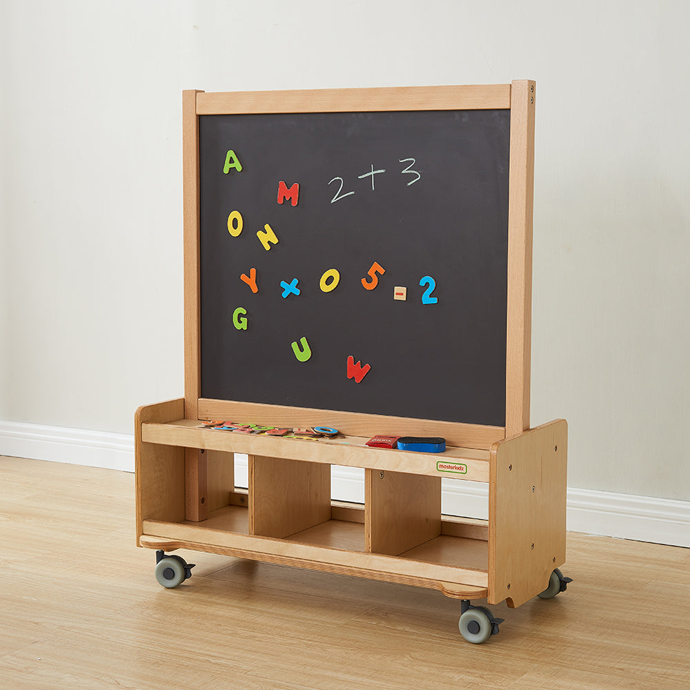 Three large open storage bays for easy classroom material organisation.