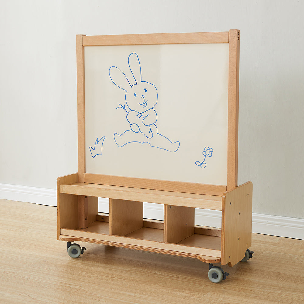 Dual-sided learning station with dry-erase board and magnetic blackboard.