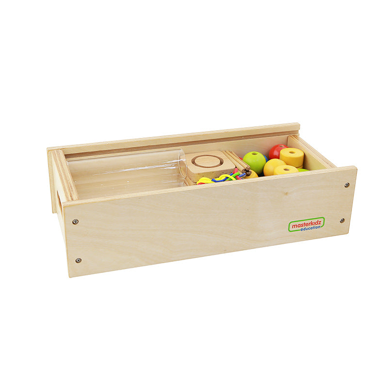 Montessori-inspired stacking bead toy with clear height-marked tubes