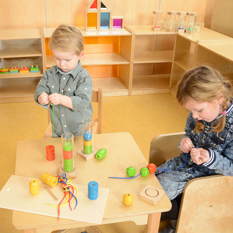 Solid beech wood educational toy – Lace n' Stack Beads with wooden storage box