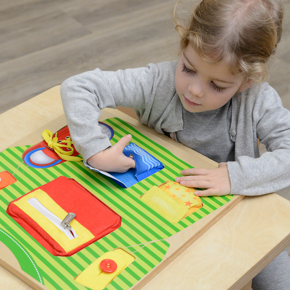 Life skills learning board with velcro snap and toggle buttons