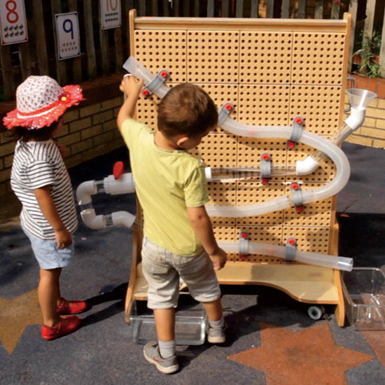 Mobile STEM learning wall featuring smooth, lockable casters for safe classroom movement.