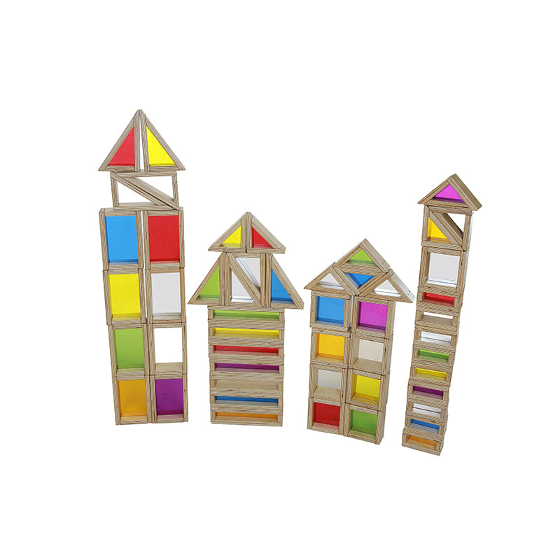 Full 51-piece Masterkidz rainbow and mirror block set arranged by colour and shape.