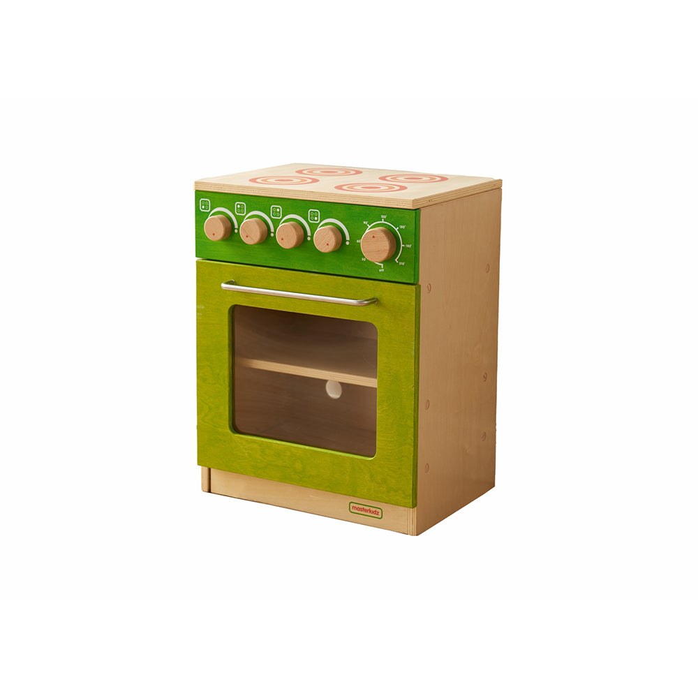 Masterkidz wooden cooking unit in green for school pretend play kitchen.