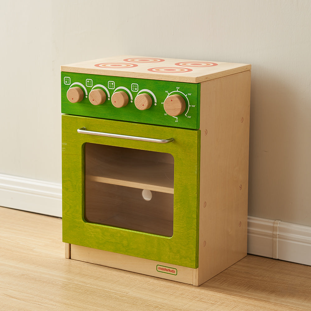 Durable wooden pretend play oven for classroom learning.