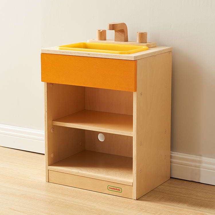 Masterkidz wooden washing basin unit with orange pretend-play sink.