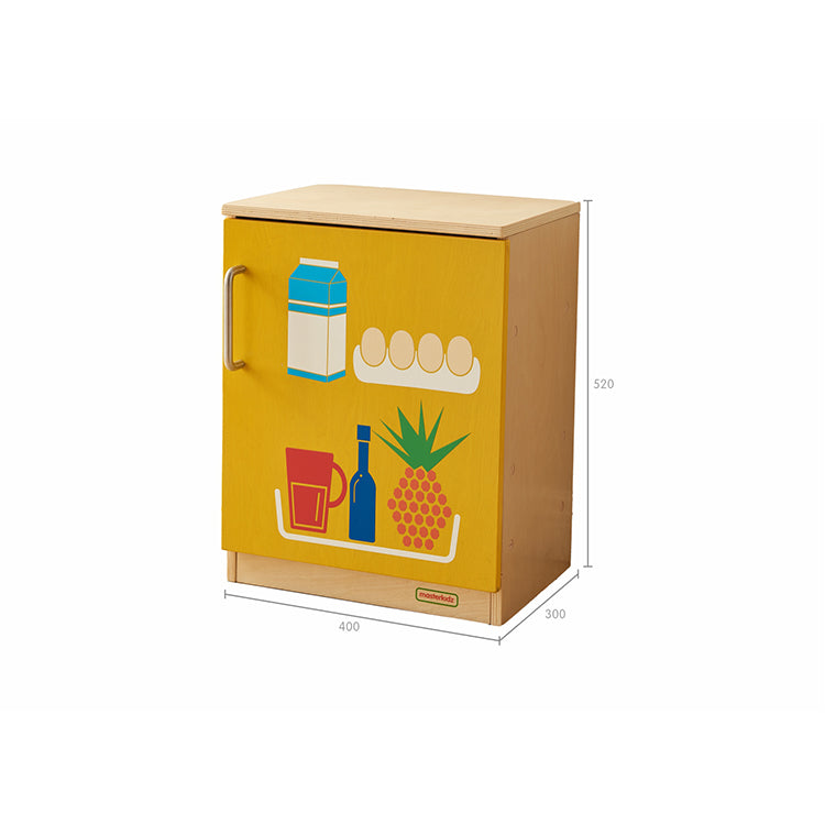 Close-up of refrigerator shelves holding toy fruits and vegetables.