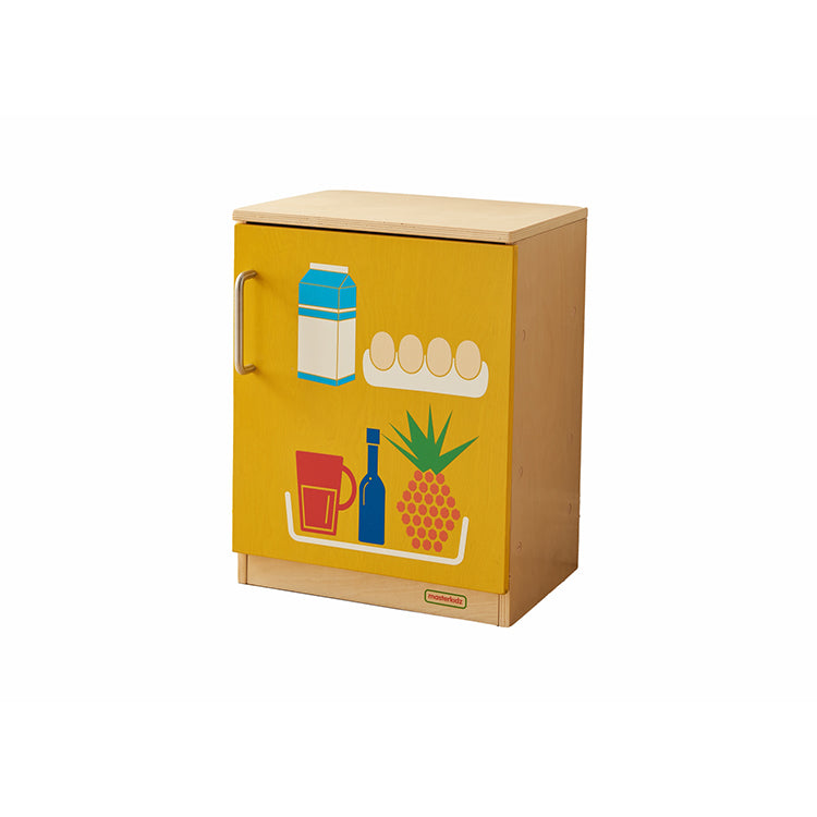 Kids opening play fridge door during imaginative kitchen activities.