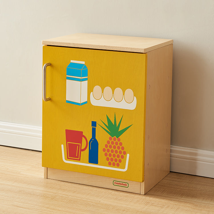 Masterkidz wooden play refrigerator with yellow front door.