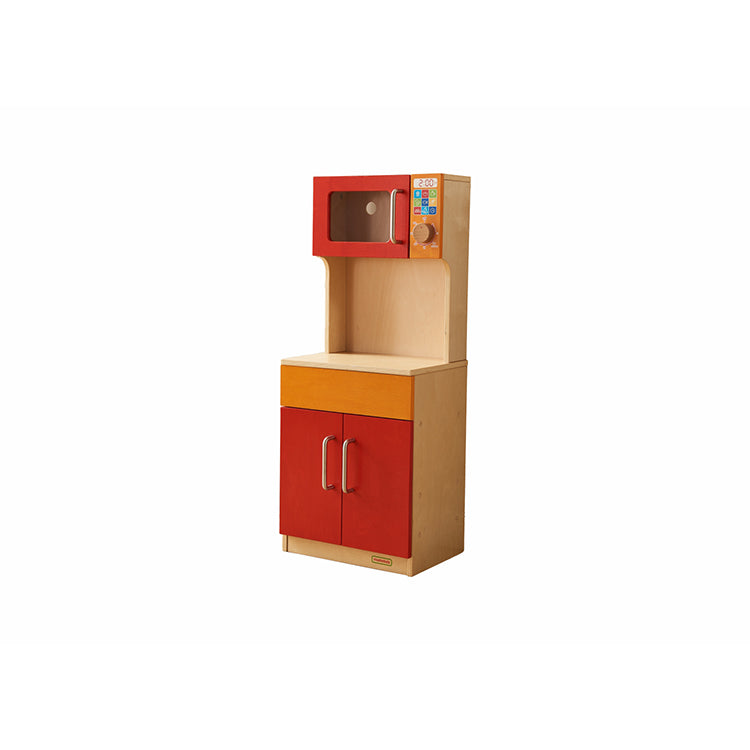 Classroom pretend kitchen setup featuring Masterkidz cupboard unit.