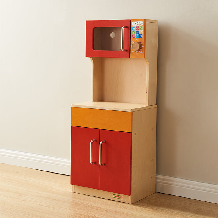 Masterkidz wooden cupboard with microwave oven for classroom role-play.