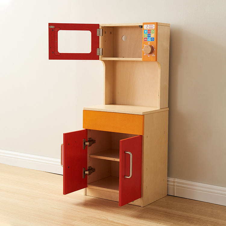 Wooden tall cupboard for storing play food, pots and utensils.